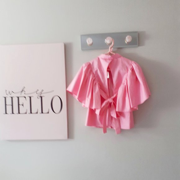 NWOT Zara bubblegum pink open back statement puff sleeve crop blouse, S - Picture 8 of 10